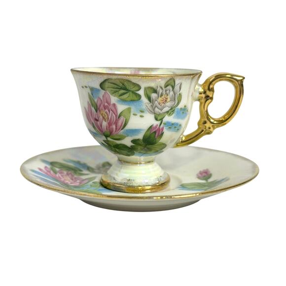 Ucagco "Flower of the Month" Footed Cup/Saucer Set July Water Lily Design - Picture 9 of 10